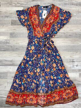 Zesica NWT Blue Peach Floral Wrap Maxi Dress Size 2X Flutter Sleeve B38